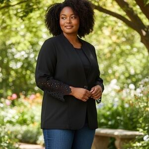 GUILLAUME (1X) Black Blazer Lace Scallop Sleeves Panels One Button Stretch NEW